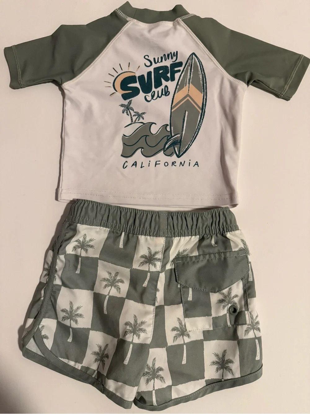 Tommy Bahamas Toddler Palm Print Rashguard Swimsuit Set‎ boys 18M - White & Sage